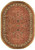 Overhead view of oval rose red Sarouk design rug with ivory palmette border and fringe