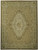 Full view of ivory and tortilla brown Aubusson rug with French floral medallion and sage border