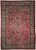 Red Persian Sarough rug with ivory floral border and purple lobed center medallion, shown flat