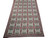 Green and raspberry needlepoint panel rug photographed against white backdrop, ivory rosettes filling each framed square