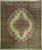 Full overhead view of 12'1" x 14' Persian Kazvin rug with ivory field and rose medallion