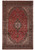 Full overhead view of 9'6" x 15' Persian Kashan rug with red field and navy medallion