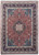 Burgundy and navy Tabriz design rug with ivory floral medallion, hand-knotted wool, shown flat overhead