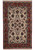 Ivory field Persian Isfahan rug with red floral border and navy palmettes, full overhead view