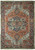 Flat overhead view of semi-antique Persian Heriz rug with rust orange field and navy border