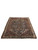 Squarish 5x6 Persian tribal rug shown at an angle with ivory zigzag borders and fringe