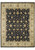 Overhead view of black field Jaipur wool rug with ivory beige border and gold palmettes