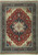 Rust red Serapi rug with navy stepped medallion, ivory spandrels and floral navy border, full view
