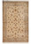 Full overhead view of beige 6x9 Kashan design rug with gold floral border and ivory fringe