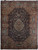 Navy blue Persian Kashmar rug with light blue vase medallion and salmon floral border, shown flat overhead