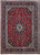Red Persian Kashan rug with navy medallion, ivory center and dense floral field, 8x11 size