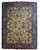 Ivory field Persian Tabriz rug photographed flat, dense floral vinework framed by a sapphire blue border