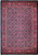 Dark indigo Persian Herati rug with salmon border and all-over rosette lattice, shown flat overhead