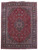 Full overhead view of 9'9" x 13'4" Persian Kashmar rug with red field and navy border