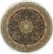 7 x 7 round black rug, hand-knotted wool and silk, viewed flat with ivory guard border