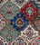 Close-up of green, blue and red panels with vase and rosette motifs in dense wool pile