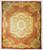 Full view of beige and rust Aubusson design needlepoint rug with rose floral medallion