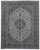 Full overhead view of ivory field Persian Kashan rug with blue floral medallion and camel border