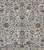 Field close-up of mirrored vine scrolls, rosettes and sky blue blossoms on grey ground