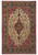 Cream field Persian Kashan rug with navy lobed medallion, red spandrels and dark floral border