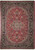 Red Persian Tabriz rug with ivory floral medallion and navy border, full overhead view