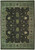 Overhead view of black field Oriental rug with sage green floral border and ivory guard stripes