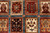 Close-up of wool pile panels in red, burgundy, gold and ivory with flowering plant designs