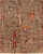 Close-up corner detail with ivory bare tree, rust palmette and indigo blossoms on brown ground