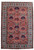 Full overhead view of 7'5" x 10'9" red Persian Tabriz Khoy rug with teal floral borders