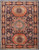 9'10" x 12'10" Super Kazak rug with navy field, rust octagon medallions and ivory floral border