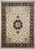 Full overhead view of ivory 9x12 Oriental rug with black floral border and star medallion