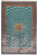 Turquoise silk Oriental rug with Dom Esfahan dome medallion and peach arched borders, shown full view