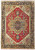 Full overhead view of coral red 9x12 Serapi rug with gold geometric medallion and ivory corners