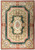 Full view of 9' x 12' green and ivory Aubusson needlepoint rug with rose medallion