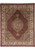 Full view of ruby red Tabriz Mahi design rug with ivory floral border and scalloped medallion