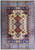 Full overhead view of ivory field 10x14 Super Kazak rug with navy border and rust medallions