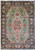 Overhead full view of ivory field Persian Tabriz rug with teal cartouches and red medallion