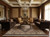 Wood-paneled living room styled with a black and ivory Mahi medallion rug under coffee table