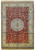 Ruby red silk rug with pale star medallion, ivory floral border and all-over vine field