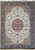 Ivory field Persian Tabriz rug with rose medallion, navy floral border and cream fringe ends