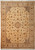 Beige and gold hand-knotted wool and silk rug with brown florals, gray spandrels, ivory border