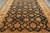 Overhead detail of black field with gold palmettes, coral blossoms and scrolling vines across the rug