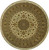Ivory round wool and silk rug with olive green medallion and gold floral border, overhead