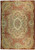 Faded scanned overview of ecru and rust French needlepoint rug showing central floral medallion and border