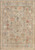 Overhead view of grey-green Oushak rug with ivory border, coral palmettes and teal floral motifs