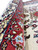 Rolled red border detail displaying dense wool pile, brown vines and pale blue flowerheads