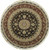 Traditional black and burgundy wool and silk round rug photographed flat from above