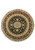 Overhead view of round black Oriental rug with ivory medallion and wide burgundy floral border