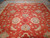 Hand-knotted organic wool pile in coral red with pale blue flowerheads and curling ivory cloudbands