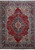 Red Persian Tabriz rug with sky blue lobed medallion, navy floral border and ivory spandrels